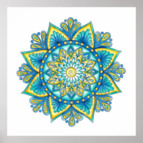 Mandala Blue Turquoise Yellow  Watercolor  Poster