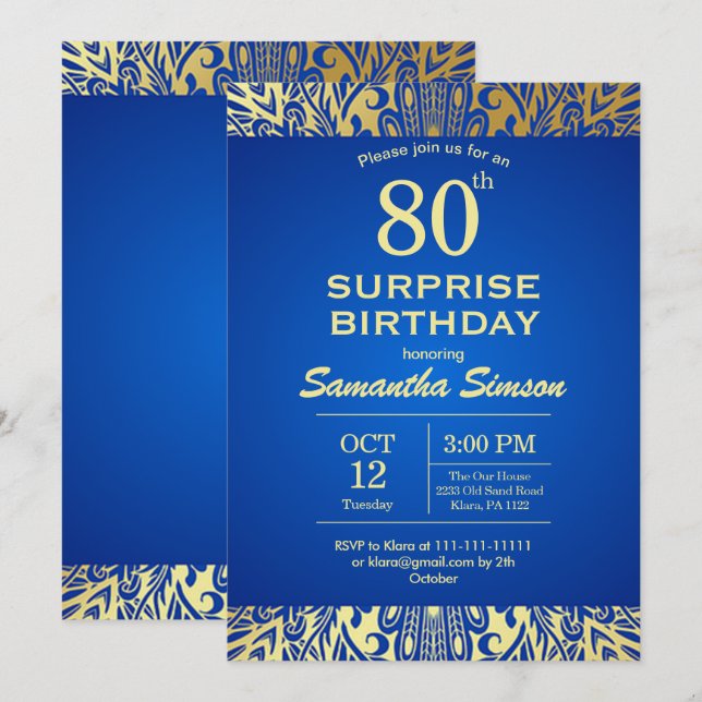 Mandala Blue With Gold 80th Birthday Invitation (Front/Back)