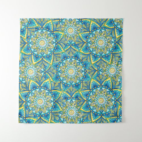 Mandala Blue Yellow Turquoise Pattern Tapestry