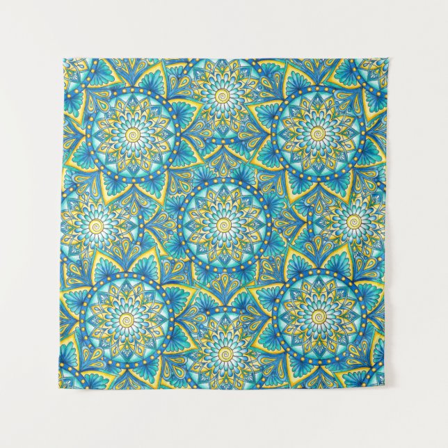 Mandala Blue Yellow Turquoise Pattern Tapestry (Front)