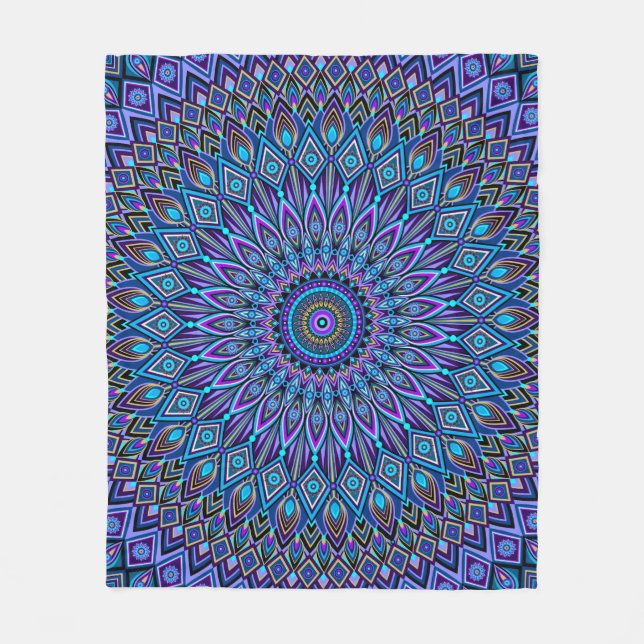 Mandala Boho Blue Teal Purple Peacock Colorful Fleece Blanket (Front)