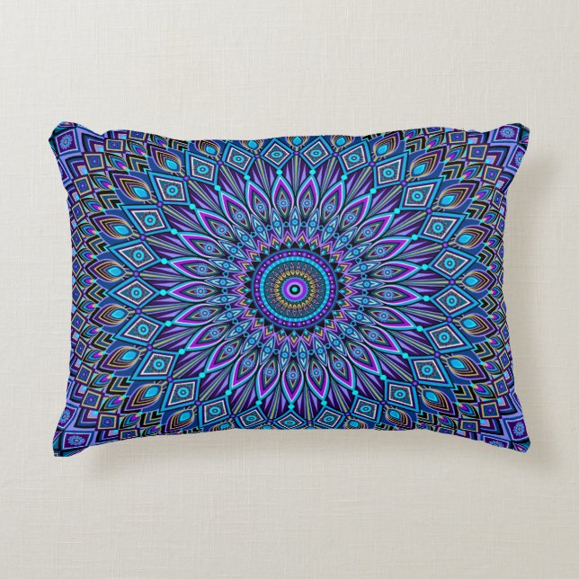 Mandala Boho Blue Teal Purple Peacock Gold Magic Accent Pillow (Front)