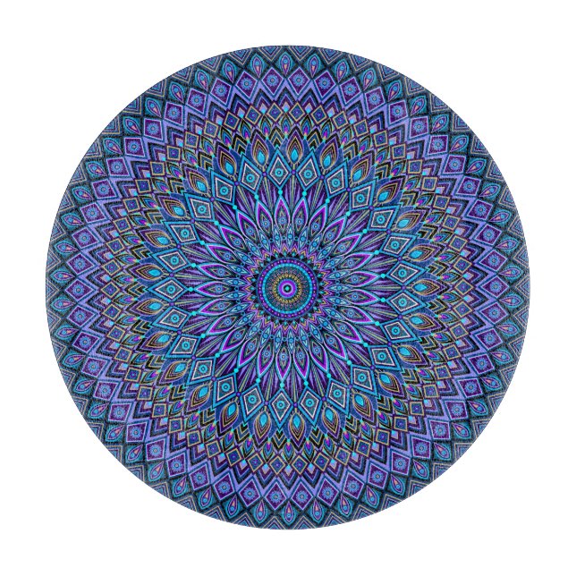 Mandala Boho Blue Teal Purple Peacock Gold Magic Cutting Board (Front)