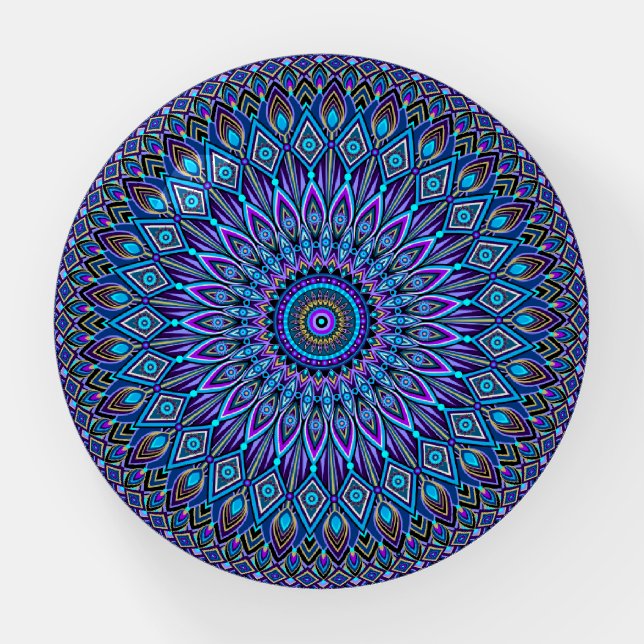 Mandala Boho Blue Teal Purple Peacock Gold Magic Paperweight (Front)