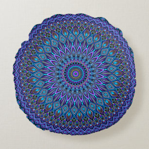 Mandala Boho Blue Teal Purple Peacock Gold Magic Round Pillow