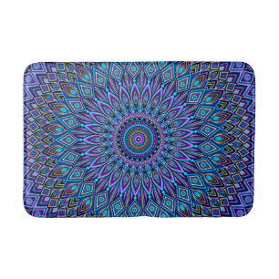 Mandala Boho Blue Teal Purple Peacock Gold Vibrant Bath Mat