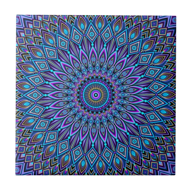 Mandala Boho Blue Teal Purple Peacock Oriental Ceramic Tile (Front)