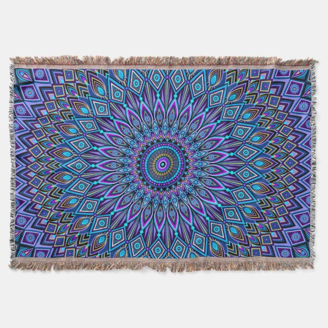Mandala Boho Blue Teal Purple Peacock Oriental Throw Blanket (Front)