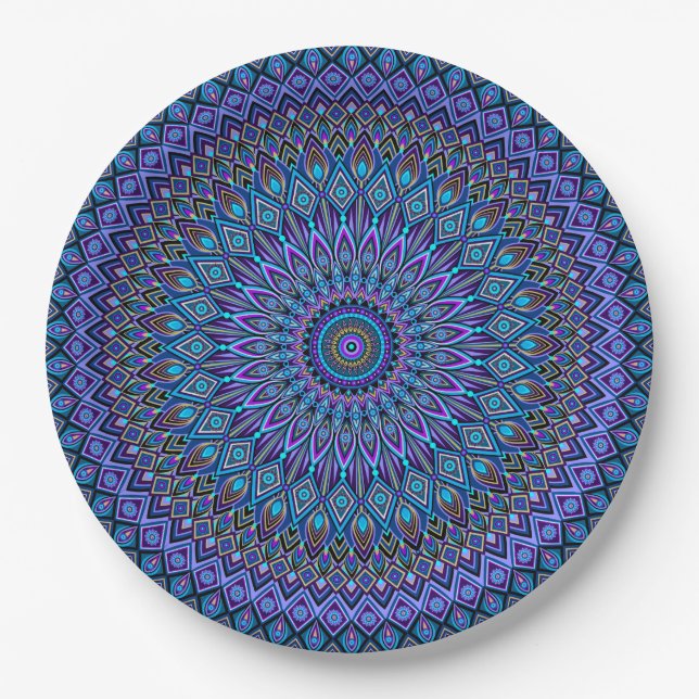 Mandala Boho Blue Teal Purple Peacock Vibrant Paper Plates (Front)