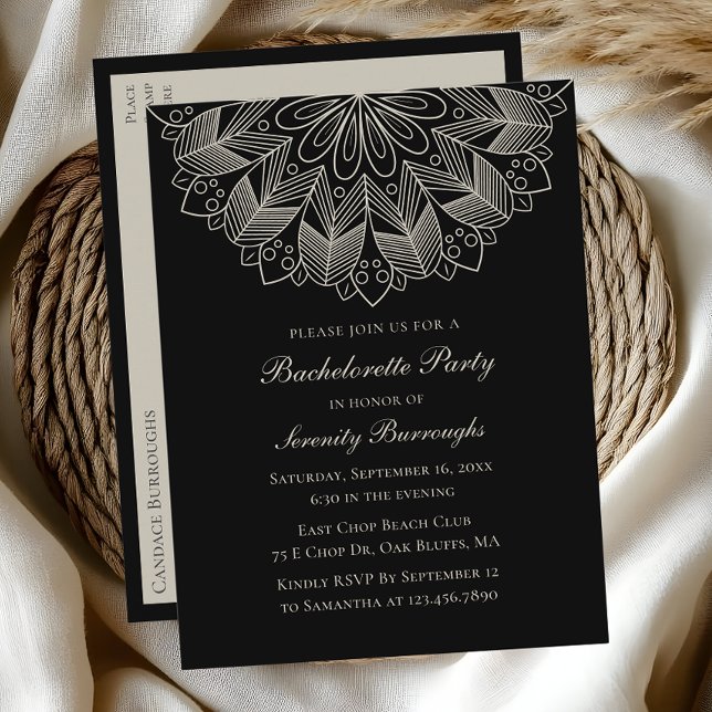 Mandala Boho Indian Black Wedding Bachelorette  Invitation Postcard (Creator Uploaded)