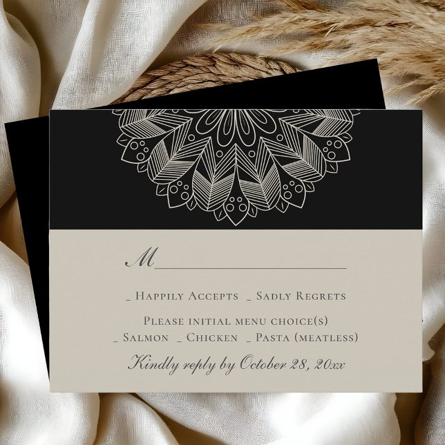 Mandala Boho Indian Elegant Black Wedding RSVP Card (Creator Uploaded)