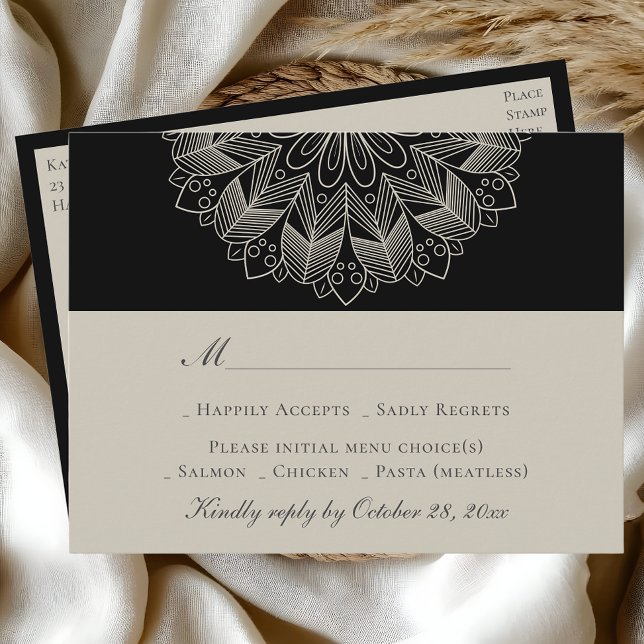 Mandala Boho Indian Elegant Black Wedding RSVP Invitation Postcard (Creator Uploaded)