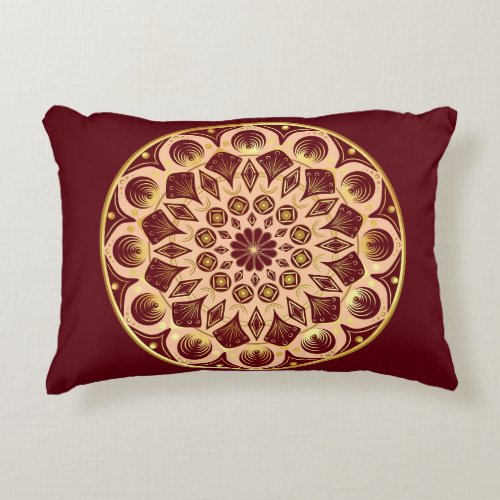 Mandala Bordeauxred Gold on Bordeauxred Background Accent Pillow