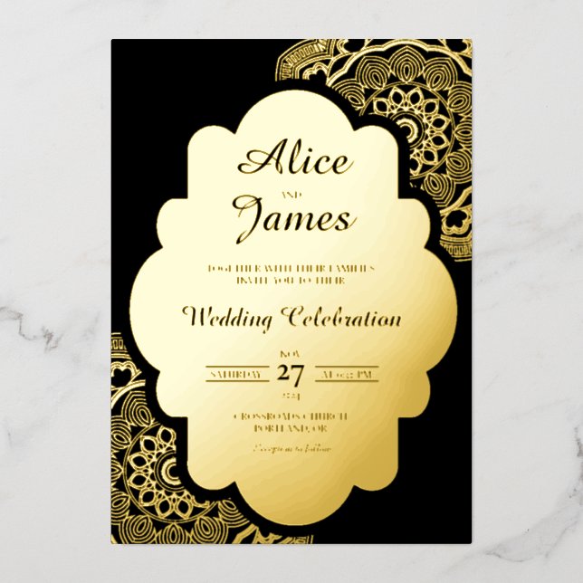 Mandala Border Elegant Black Gold Foil Wedding Invitation (Front)