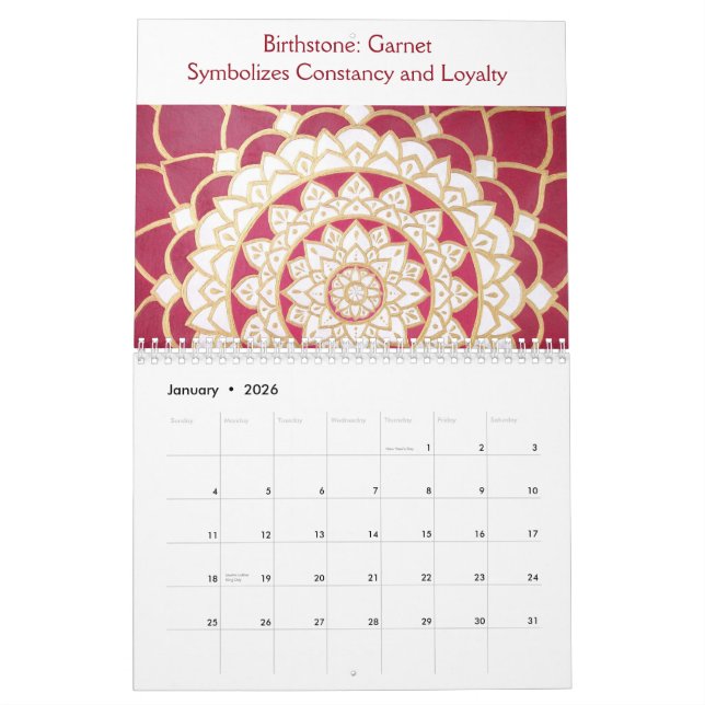 Mandala Calendar with Monthly Birthstones (Jan 2026)