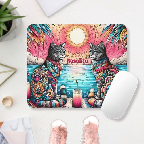 Mandala Cats Sunset Beach Iced Tea Summer Mouse Pad