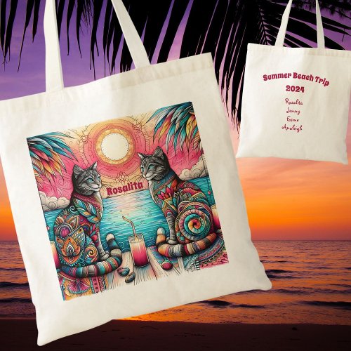 Mandala Cats Sunset Beach Trip Sweet Tea Summer Tote Bag