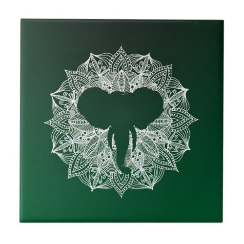 Mandala Circle African Elephant Green Ceramic Tile