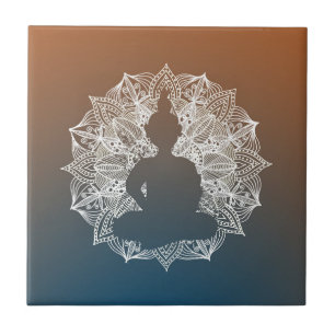Mandala Circle Buddha Blue and Orange Ceramic Tile