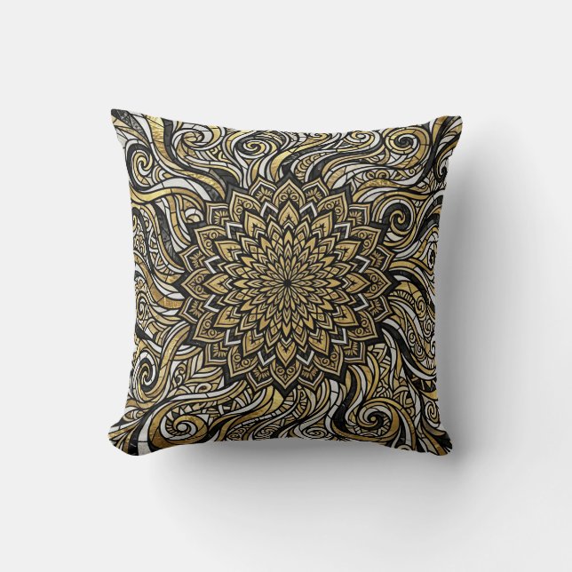 Mandala Circle Gold Throw Pillow (Front)