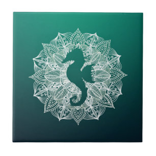 Mandala Circle Turquoise Seahorse Ceramic Tile