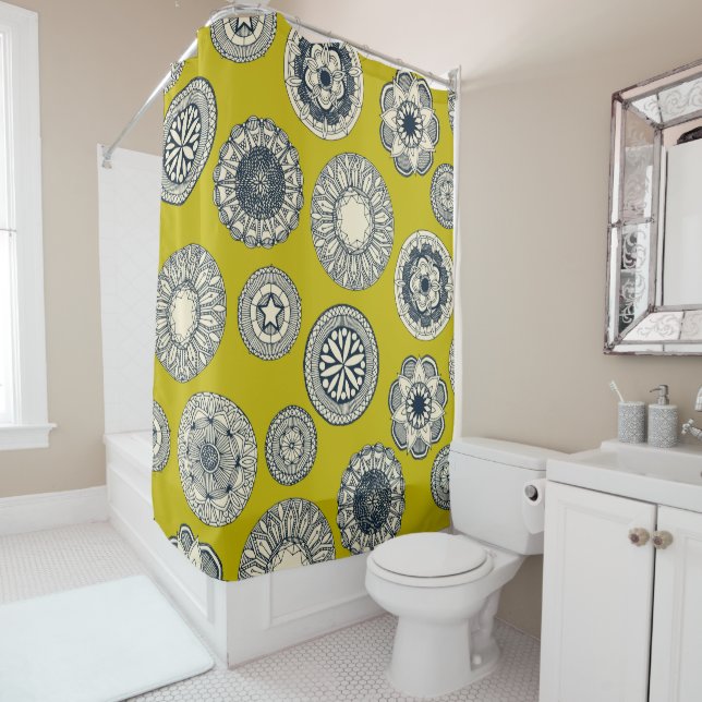 mandala cirque spot chartreuse shower curtain (In Situ)