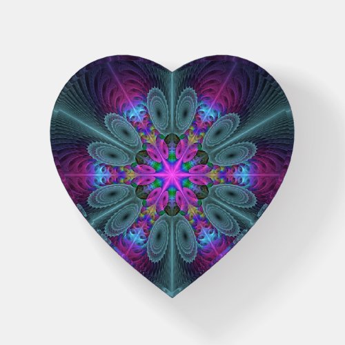 Mandala Colorful Fractal Art With Pink Heart Paperweight