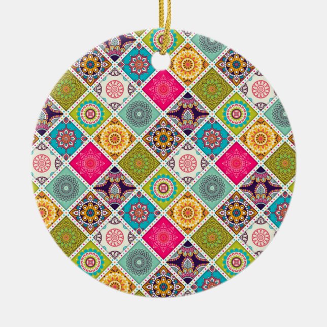 Mandala colorful Moroccan ethnic pattern Ceramic Ornament (Front)