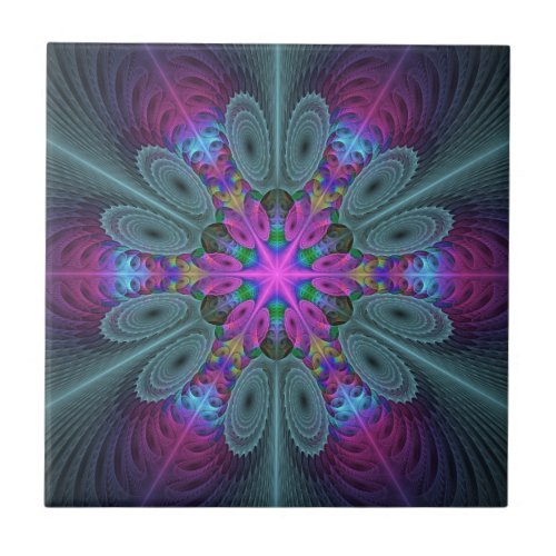 Mandala Colorful Spiritual Fractal Art With Pink Ceramic Tile