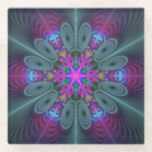 Mandala Colorful Spiritual Fractal Art With Pink Glass Coaster