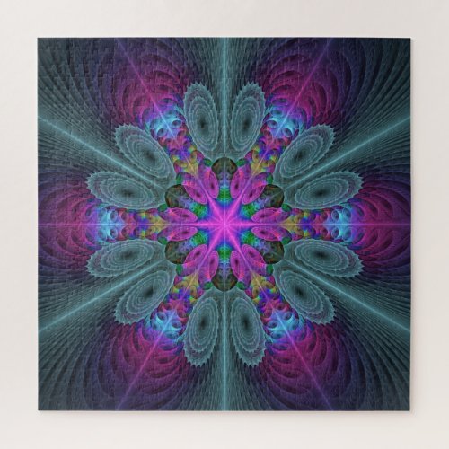 Mandala Colorful Spiritual Fractal Art With Pink Jigsaw Puzzle