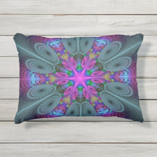 Mandala Colorful Spiritual Fractal Art With Pink Outdoor Pillow