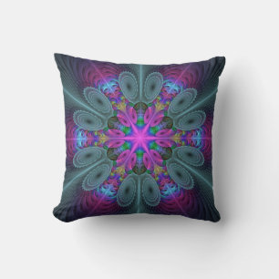 Mandala Colorful Spiritual Fractal Art With Pink Throw Pillow