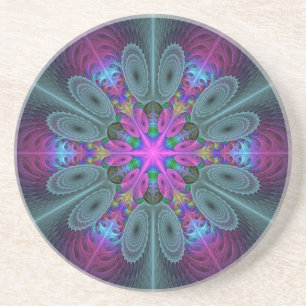 Mandala Colorful Striking Fractal Art Kaleidoscope Coaster
