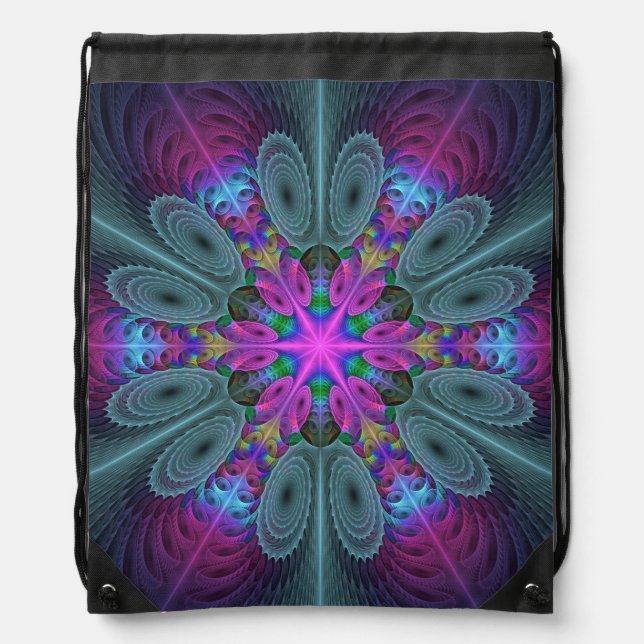 Mandala Colorful Striking Fractal Art Kaleidoscope Drawstring Bag (Front)