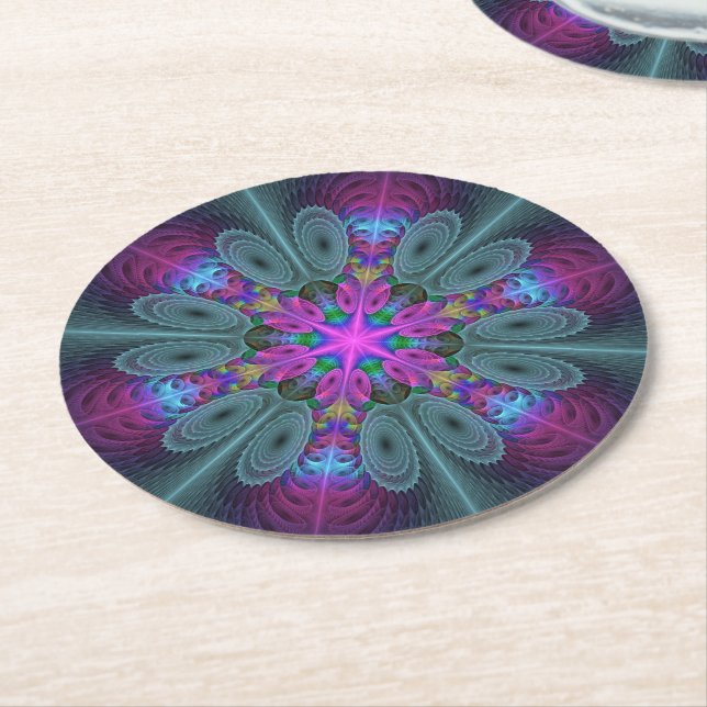 Mandala Colorful Striking Fractal Art Kaleidoscope Round Paper Coaster (Angled)