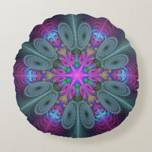 Mandala Colorful Striking Fractal Art Kaleidoscope Round Pillow