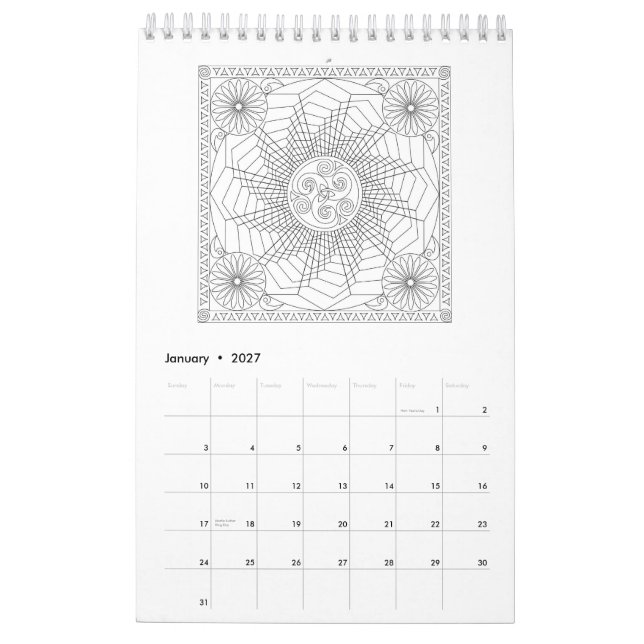 Mandala Coloring Pages Calendar in Black and White (Jan 2027)