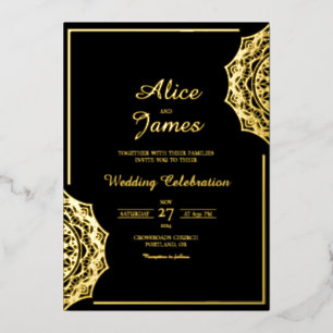 Mandala Corner Elegant Black Gold Foil Wedding Invitation