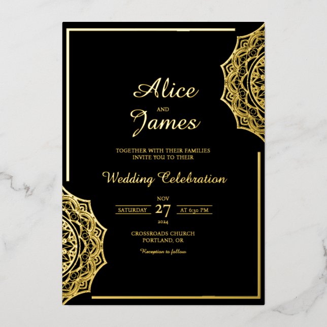Mandala Corner Elegant Black Gold Foil Wedding Invitation (Front)
