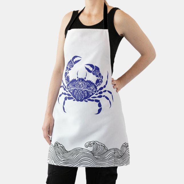 Mandala Crab  – Blue Coastal Nautical Cooking Apron (Insitu)