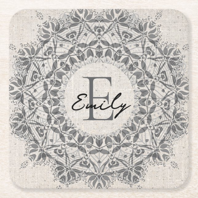 Mandala Custom Name Monogram Monochrome Light Gray Square Paper Coaster (Front)