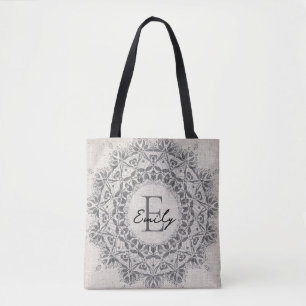 Mandala Custom Name Monogram Monochrome Light Gray Tote Bag