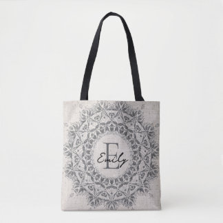 Mandala Custom Name Monogram Monochrome Light Gray Tote Bag