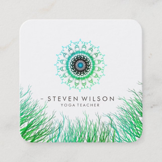 Mandala Damask Green Yoga Holistic Meditation Square Business Card (Front)