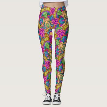 Mandala Design In Rich Pinks  Blues & Gold Leggings by PicturesByDesign at Zazzle