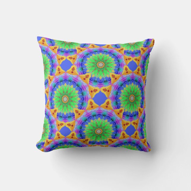 Mandala Design, Neon Kaleidoscope Throw Pillow (Front)