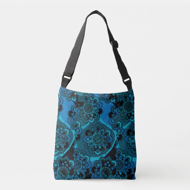 Mandala Design with Cobalt Blue, Teal, Gray, Black Crossbody Bag (Front)