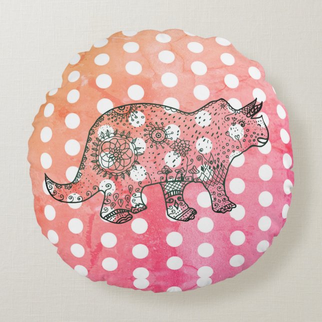 Mandala Dinosaur Drawing & Dots Round Pillow (Front)