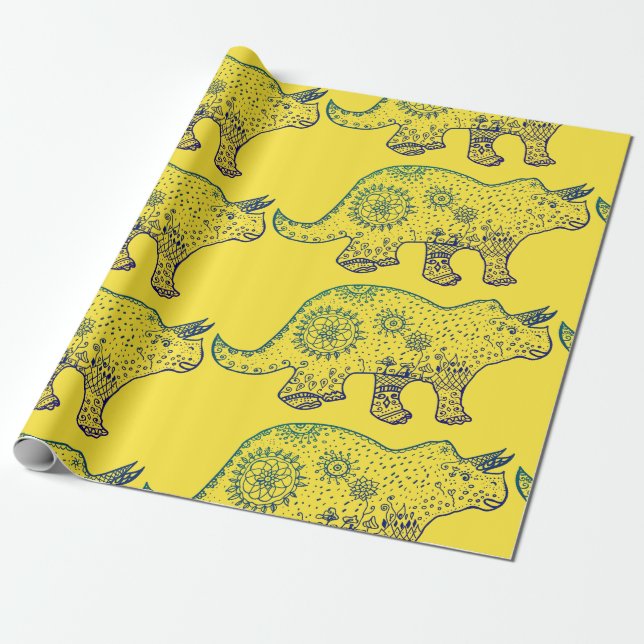 Mandala Dinosaur Wrapping Paper (Unrolled)
